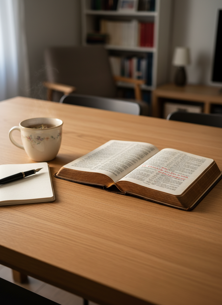 A well-worn leather-bound French Bible opened to a gently underlined passage, resting on a solid oak dining table. Beside it lies a simple ceramic mug of herbal tea and a small linen-covered notebook with a fountain pen placed neatly on top. Soft morning light filters through an unseen window, creating tender highlights on the Bible’s gilded page edges and subtle shadows between the lines of text. Photographic realism at eye level, with a shallow depth of field that softly blurs the background of a modest, tidy living room. The mood is serene, contemplative, and professional, evoking family devotion and thoughtful Christian reflection.