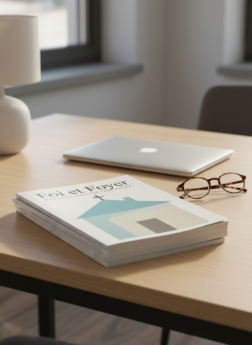 A stack of neatly arranged issues of a French-language Christian quarterly magazine titled “Foi et Foyer” on a smooth wooden desk. The top cover shows an abstract, people-free illustration of a home with a simple cross integrated into the roofline, rendered in soft blues and warm neutrals. A pair of reading glasses rests beside the stack, along with a closed laptop and a modest ceramic lamp base barely in frame. Diffused afternoon light from a nearby window bathes the scene in a calm, even glow. Photographic realism, slightly elevated angle, with clean, modern composition that communicates trustworthy, professional Christian news and teaching.